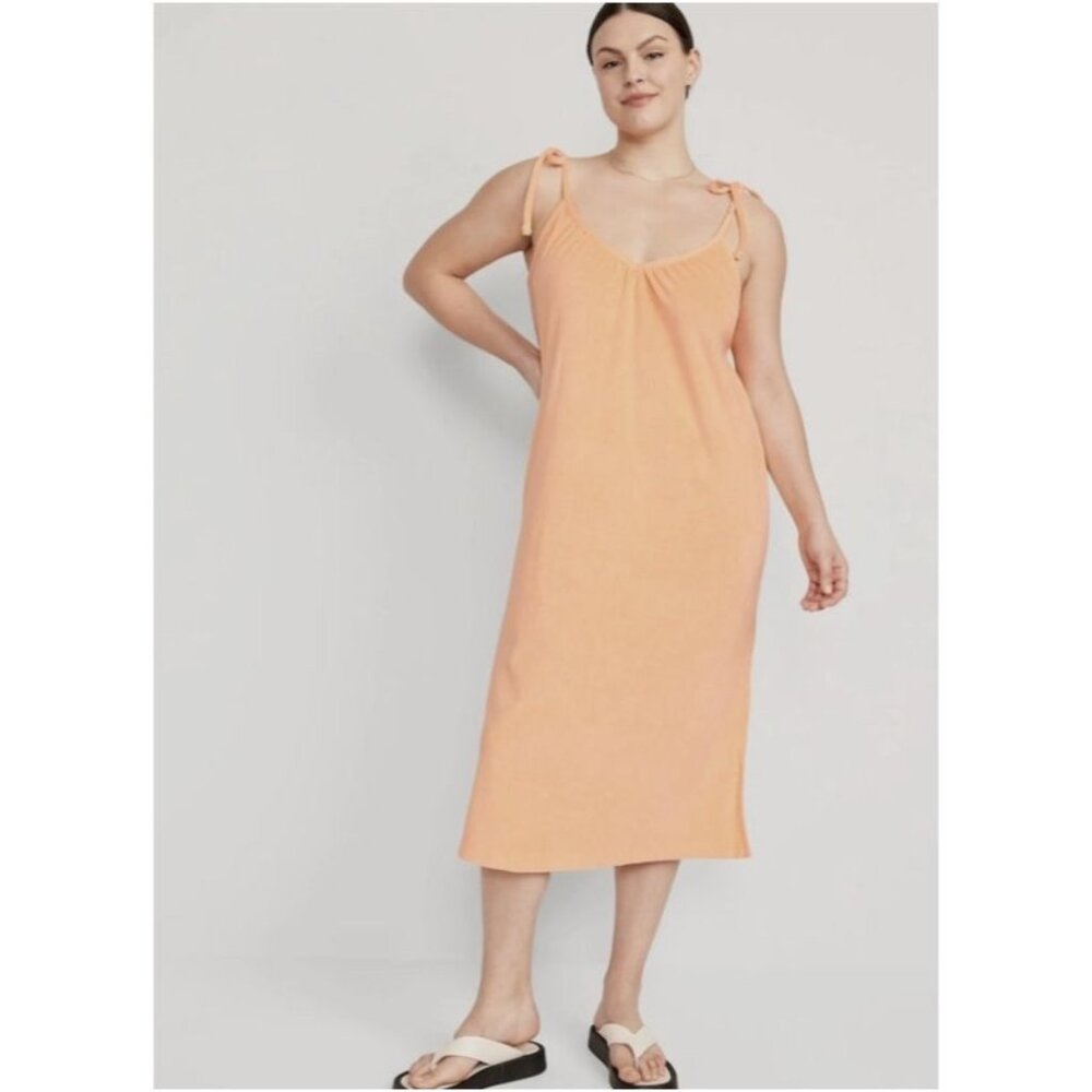 Old Navy Womens Tie-Shoulder V-Neck Terry Midi Swing Dress Peach Size 4X